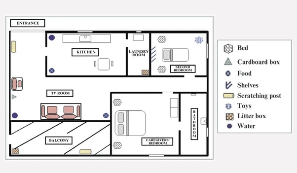 Diagram showing how resources can be separated in a living space based on a multi cat household. 