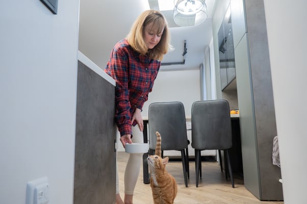 Woman bending down to feed a ginger cat from a white ceramic bowl in a modern kitchen.