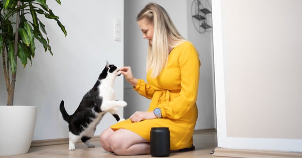 Kvinna sitter på knä på vardagsrummet och ger sin svartvita katt framförsig en godbit