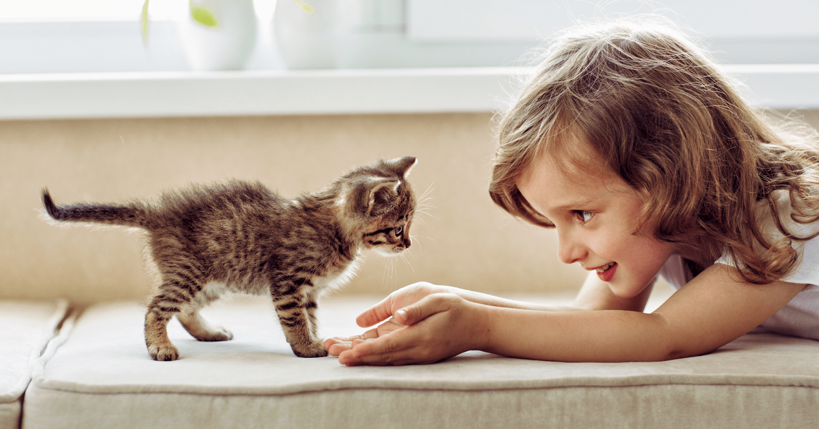young girl with tiny kitten